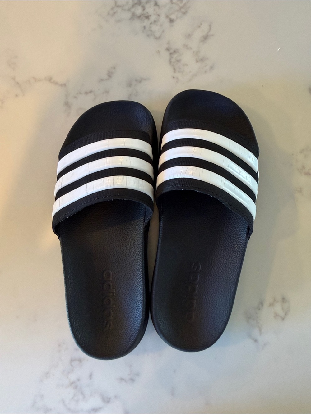adidas Black Slide Sandals with White Stripes - Kids